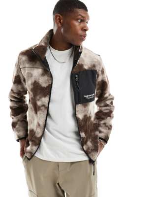  Jack & Jones zip through borg fleece in brown tie dye print 