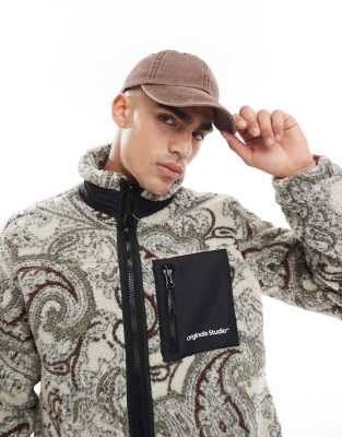 JACK & JONES ZIP THROUGH BORG FLEECE IN GRAY PAISLEY