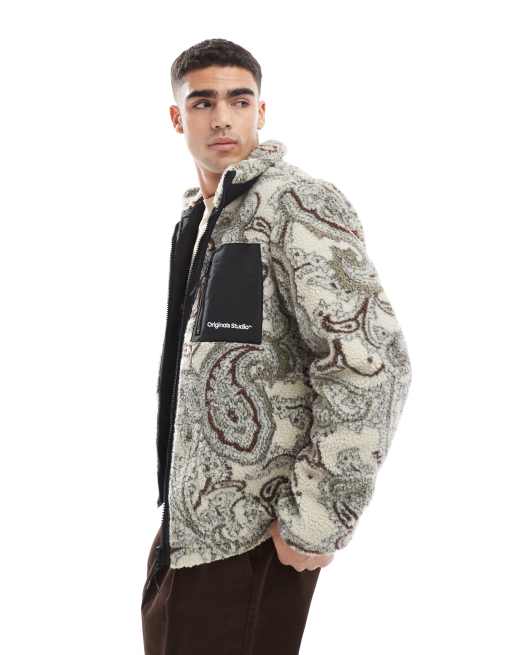 Jack & Jones zip through borg fleece in grey paisley | ASOS