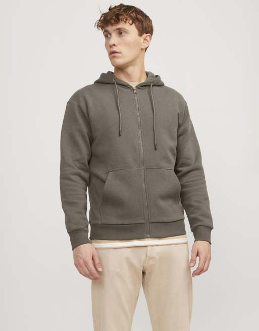 Jack & Jones zip through hoodie in khaki | ASOS