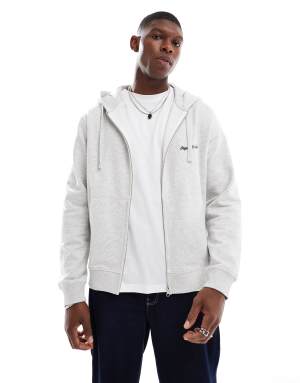 Jack & Jones zip through logo hoodie in light grey marl
