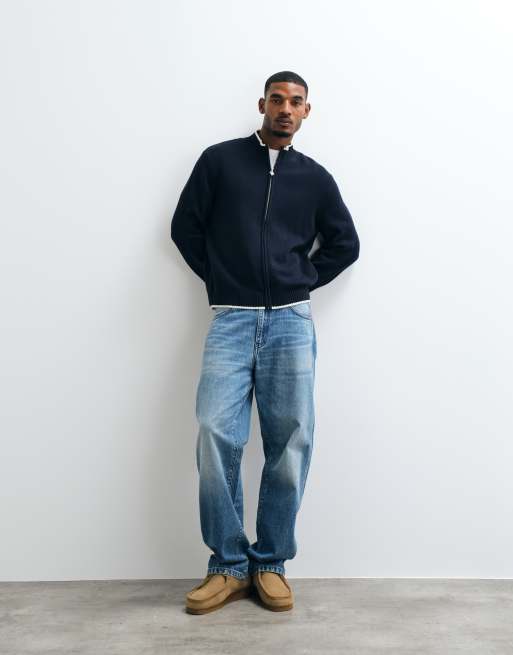 Jack & Jones zip up knit cardigan in navy and white tipping, 2 of 5