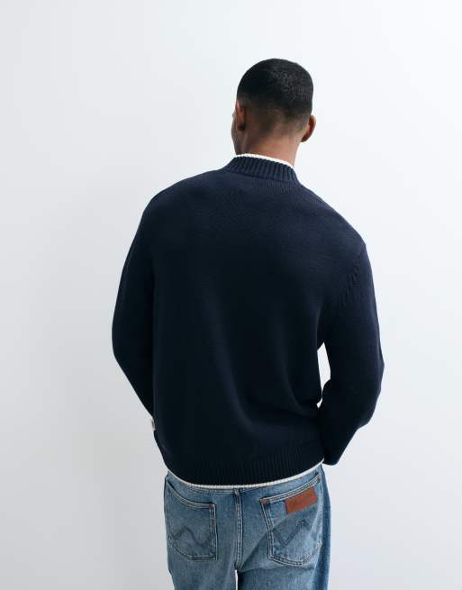 Jack & Jones zip up knit cardigan in navy and white tipping, 5 of 5