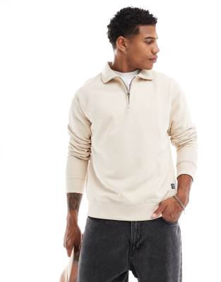 Jack & Jones Zip Up Sweatshirt Fabric Polo Sweater In Ecru-white