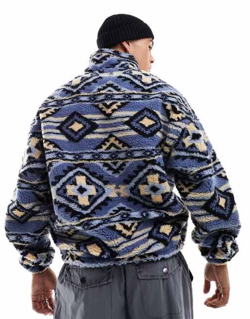 Jack & Jones - Zware fleece met 1/4 rits en aztekenprint in blauw, 3 van 4