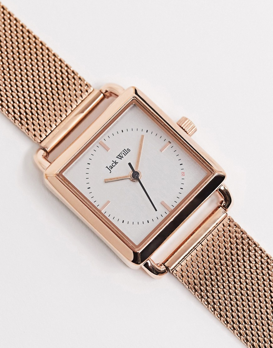 Jack Wills – Guldfärgad klocka med fyrkantig urtavla och armband i mesh