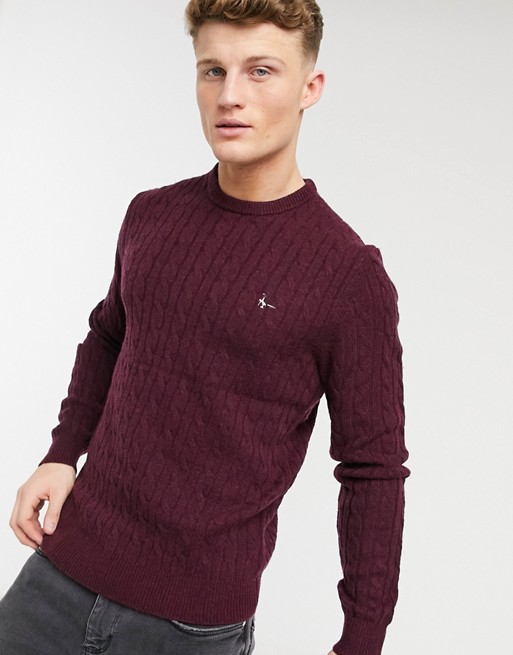 Jack Wills Marlow cable crew neck knit in burgundy