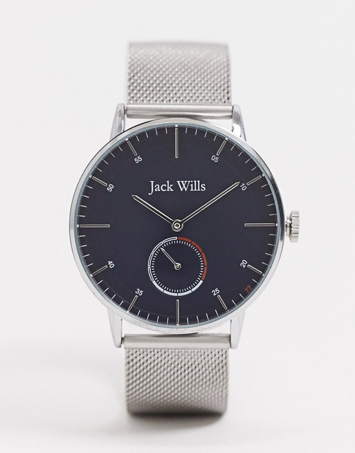 Jack Wills silver mesh watch with blue dial
