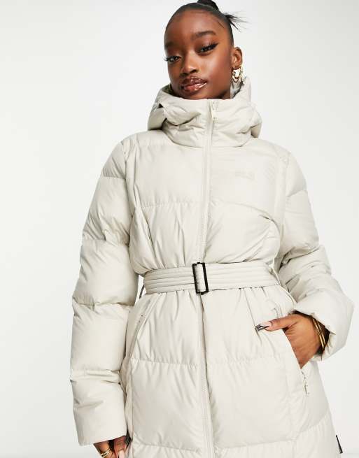 zijn trommel Zachtmoedigheid Jack Wolfskin Frozen Lake long puffer coat in light gray | ASOS