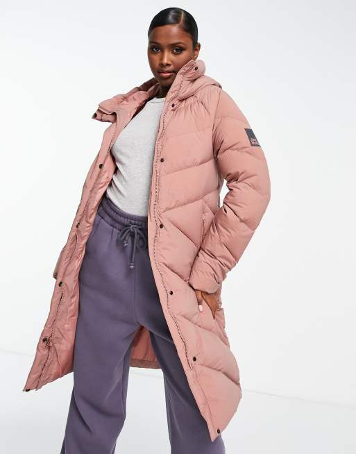 Jack Wolfskin – Marienplatz – Langer, gesteppter Daunenmantel in Rosa | ASOS