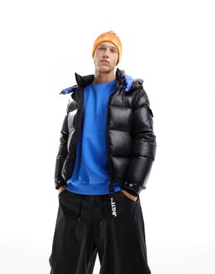 JACK1T EZ down puffer hooded jacket in black and glacial blue - ASOS Price Checker