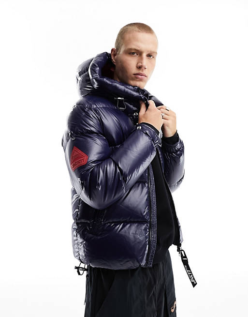 JACK1T EZ puffer down hooded jacket in ink and hyper red | ASOS
