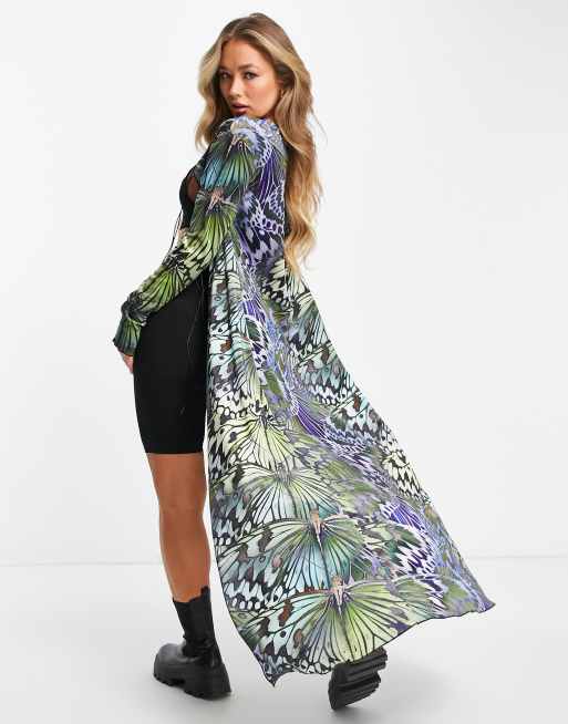 Jaded London - 90'er maxi-kimono med bindebånd foran og blandet sommerfugleprint i velour