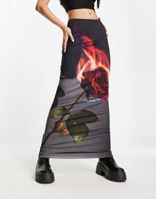 Jaded London 90s low rise midi skirt in flame rose print co-ord