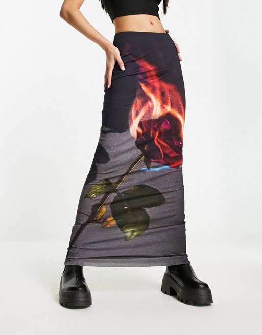 Jaded London 90s low rise midi skirt in flame rose print co-ord | ASOS