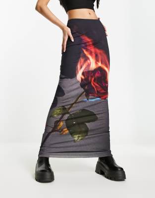 Low Rise Midi Skirt
 Jaded London 90s low rise midi skirt in flame rose print co ord