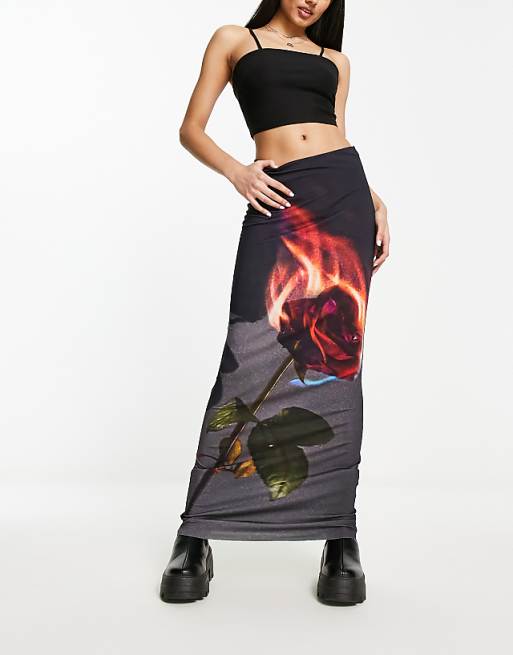 Jaded London 90s low rise midi skirt in flame rose print Jaded London 90s low rise midi skirt in flame rose print