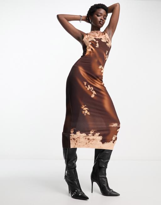 Jaded London 90s maxi dress in brown graphic floral lace