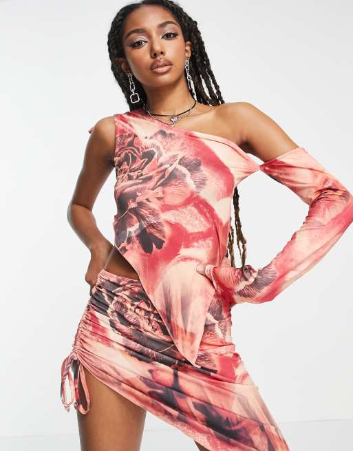 Jaded London – Asymetryczny krótki top w różowy wzór w stylu retro, część zestawu