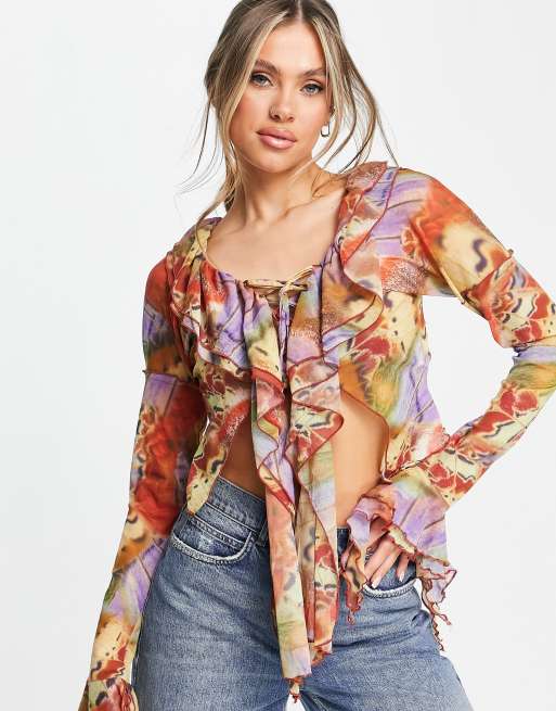 Jaded London - Blusa in rete con volant e lacci sul davanti multicolore