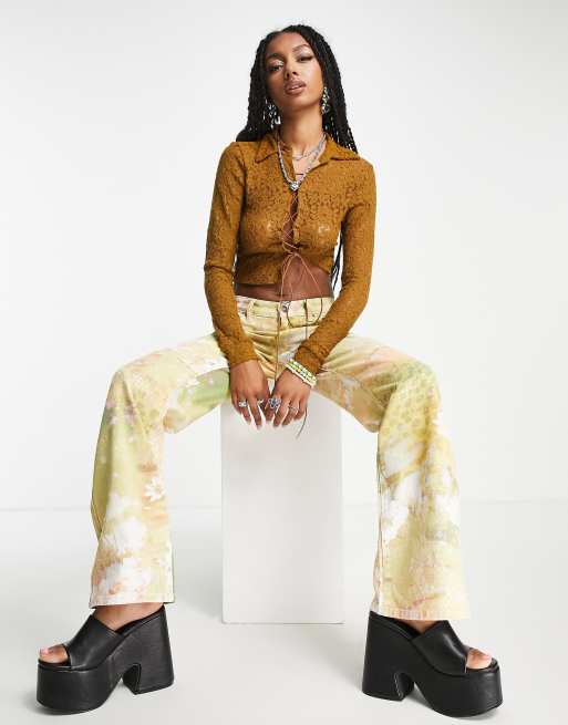 Jaded London - Camicia a maniche lunghe con stampa vintage e laccetti sul davanti anni '90