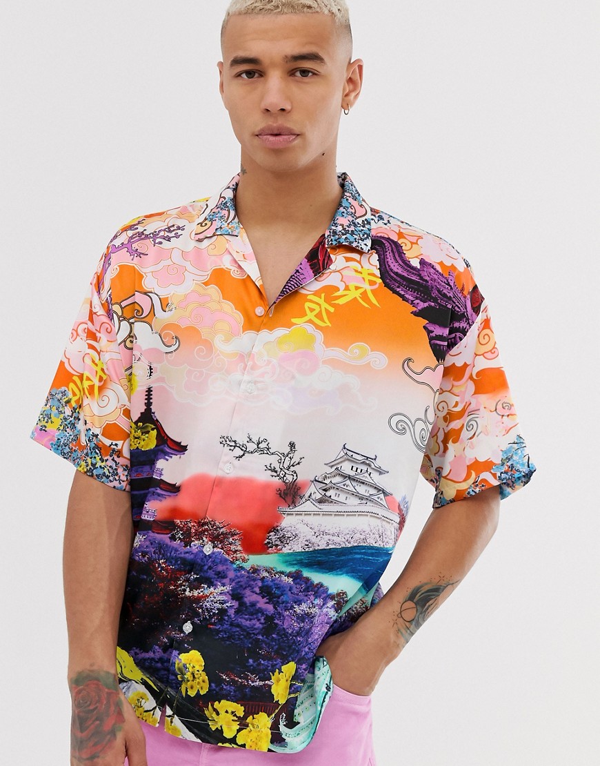 Jaded London - Camicia con rever e stampa giapponese-Multicolore