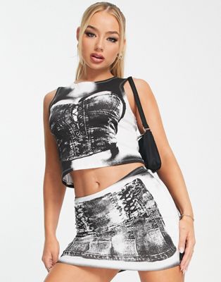 Jaded London crop vest top in corset illusion print co-ord