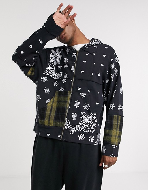 Jaded London cut and sew paisley and check panel hoodie in black