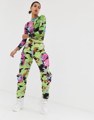 Jaded London - Denim cargobroek met contrasterende zakken en camouflageprint-Multi