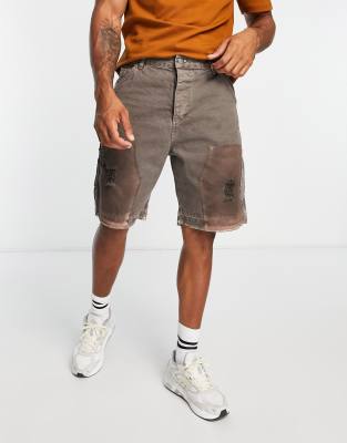 Jaded London denim carpenter shorts in washed brown