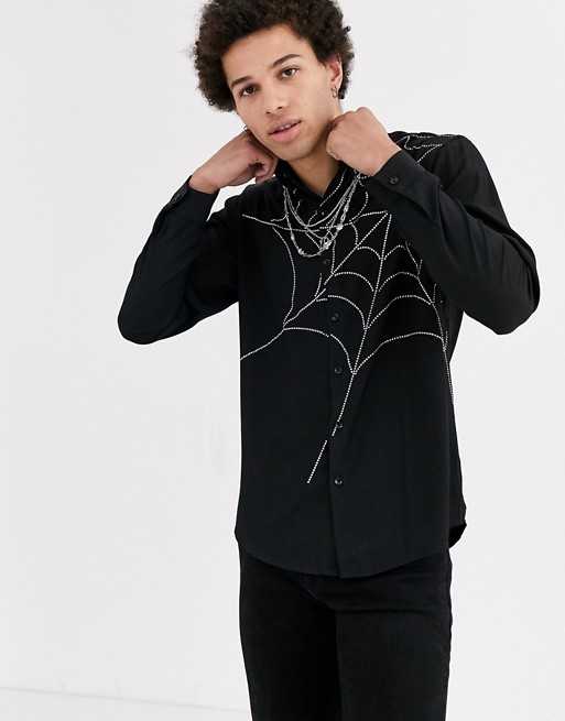 Jaded London diamante spider web long sleeve shirt in black