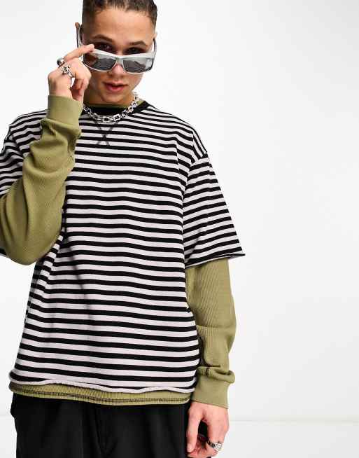 Jaded London – Doppellagiges, mehrfarbiges T-Shirt in Used-Optik mit Streifen