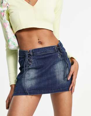 Jaded London extreme mini skirt in denim with lace hip detail