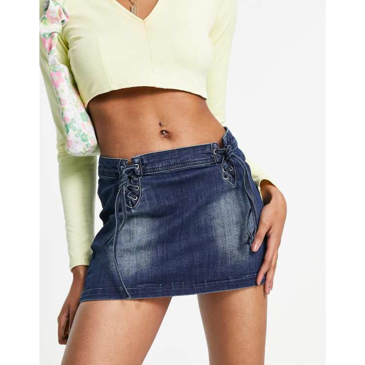 Jaded London extreme mini skirt in denim with lace hip detail