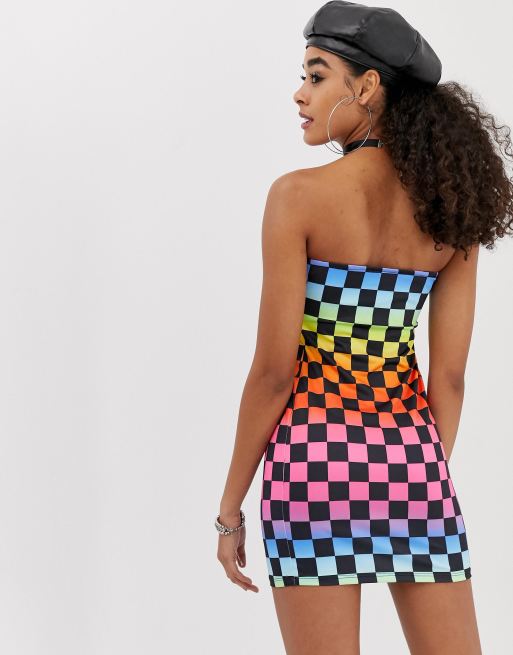 Jaded London festival bandeau dress in rainbow checkerboard