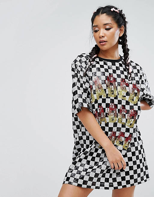 Jaded London Festival Sequin T-Shirt Dress In Checkerboard | ASOS