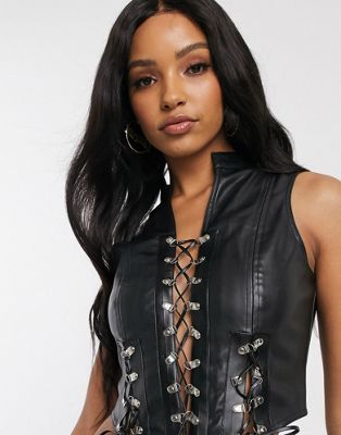Jaded London fitted lace up crop top in faux leather