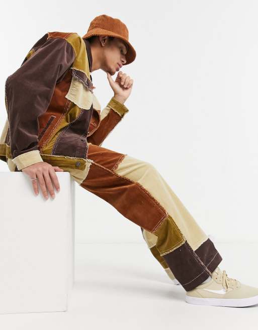 Jaded London frayed patchwork jeans in brown corduroy