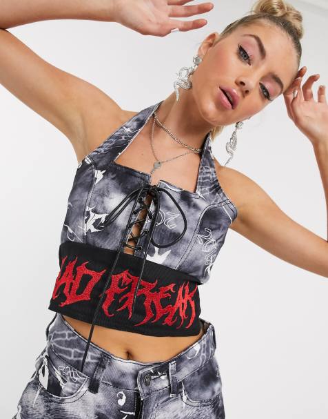 Jaded London halter neck lace up bralet in gothic denim co-ord