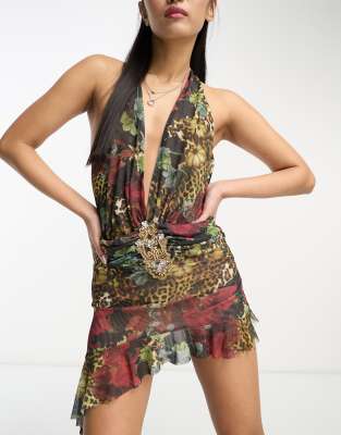 Jaded London halter neck mini flippy dress in mix print