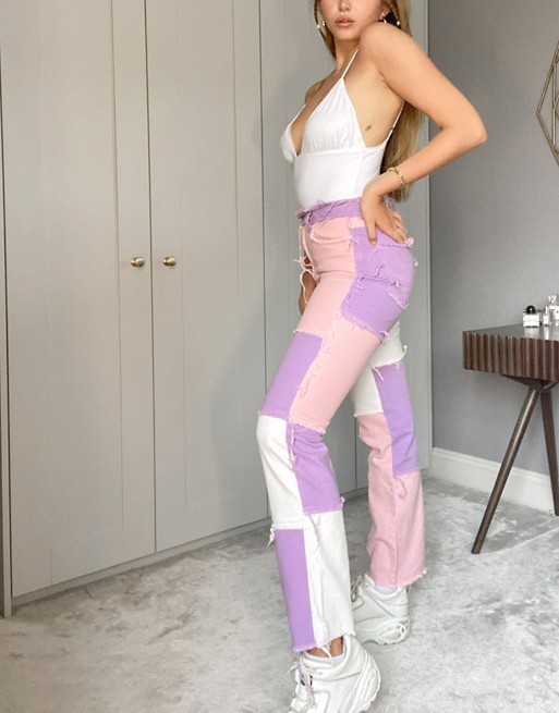 Jaded London high waist jeans in pastel patchwork co-ord