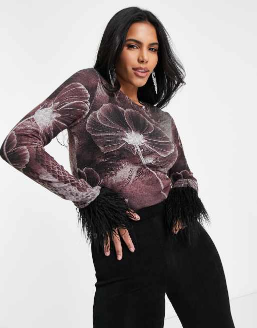 Jaded London intarsia knit sweater with faux fur cuffs in moody flower