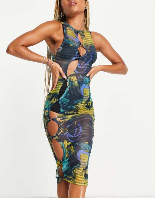 Jaded London - Jurk van mesh met uitsnijding met knoopsluiting en abstracte burn-print