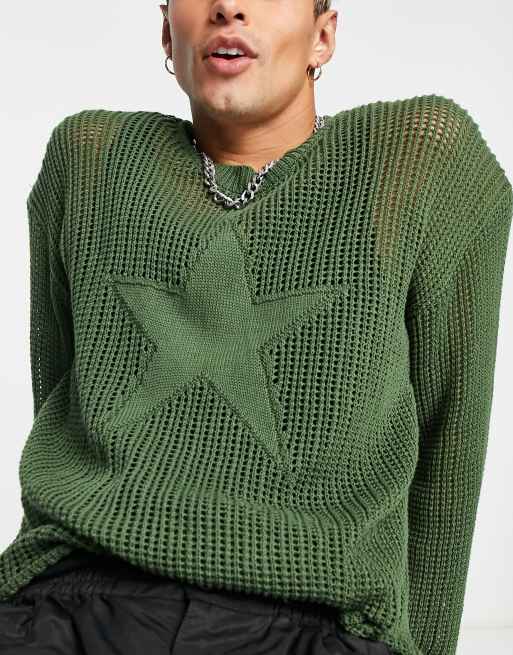 Jaded London knitted relaxed star jumper in khaki