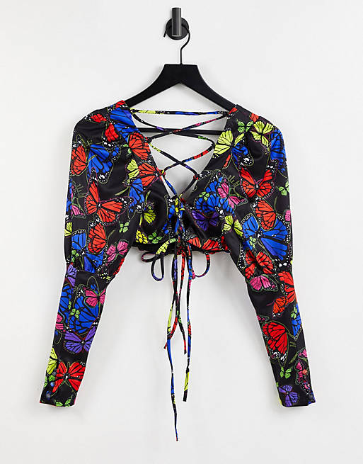 Jaded London lace up back crop top in butterfly print