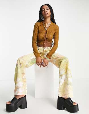 Jaded London Jaded London long sleeve 90s shirt in vintage print with lace up front-Green