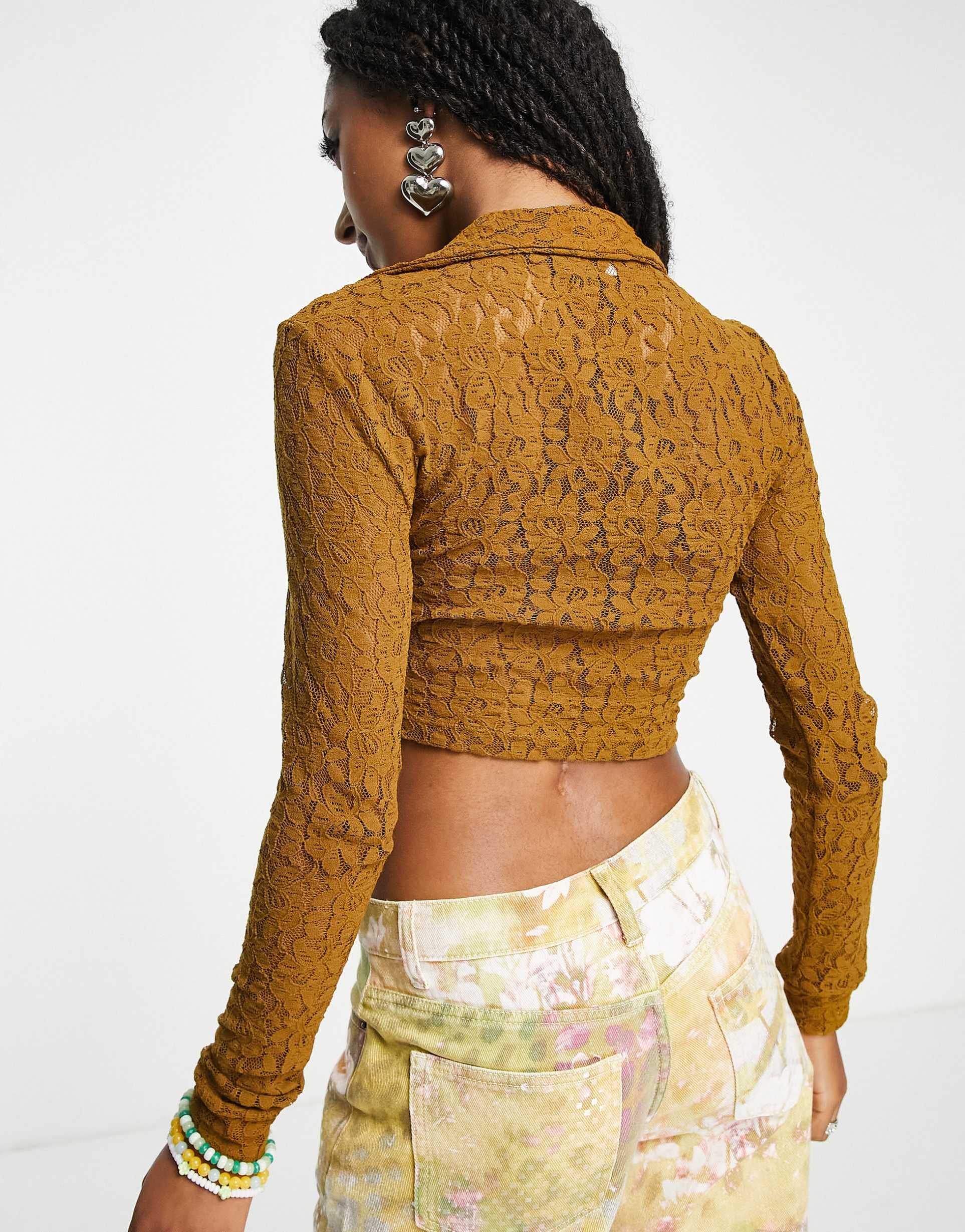 Jaded London long sleeve 90s shirt in vintage print with lace up front view 3