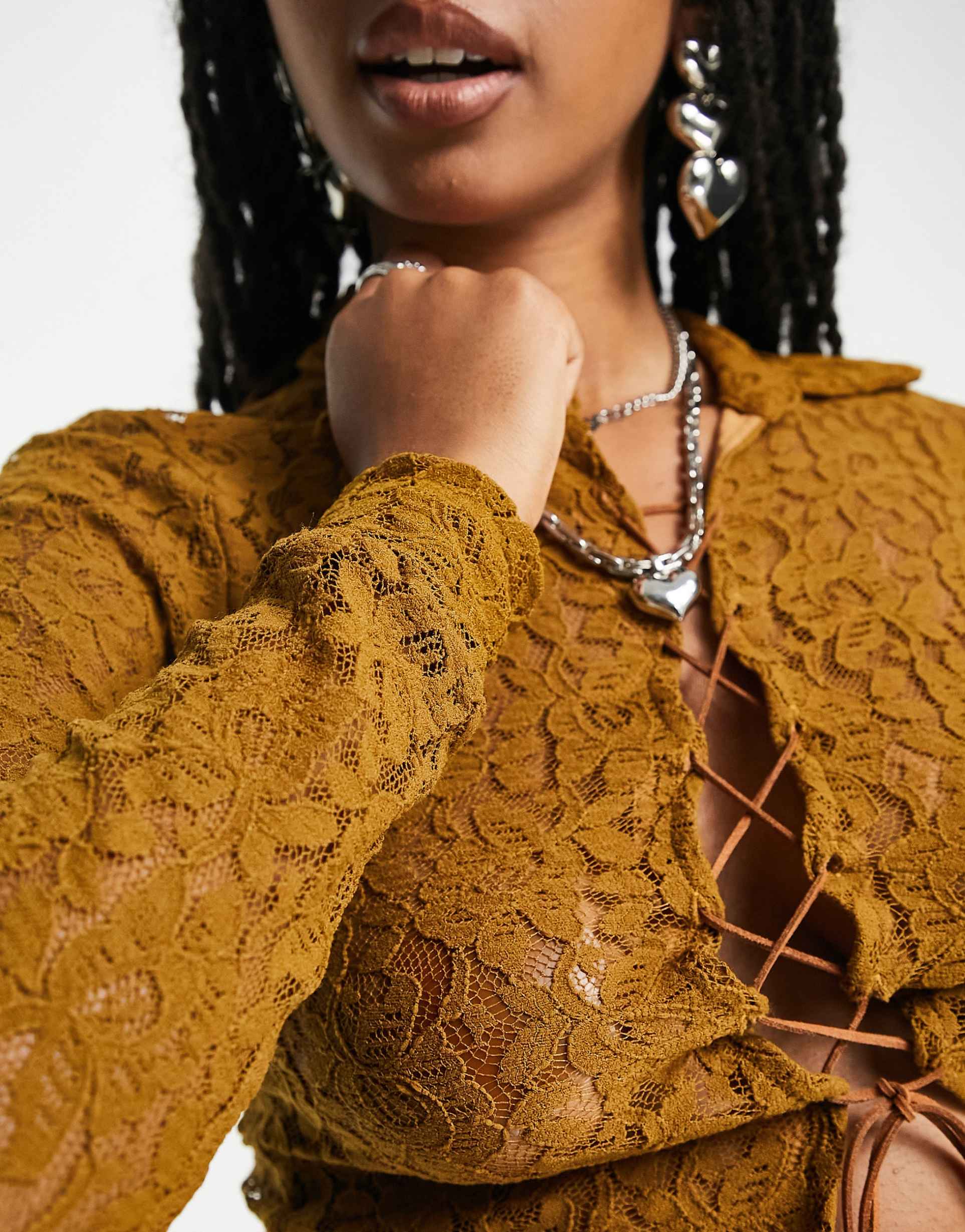 Jaded London long sleeve 90s shirt in vintage print with lace up front view 4