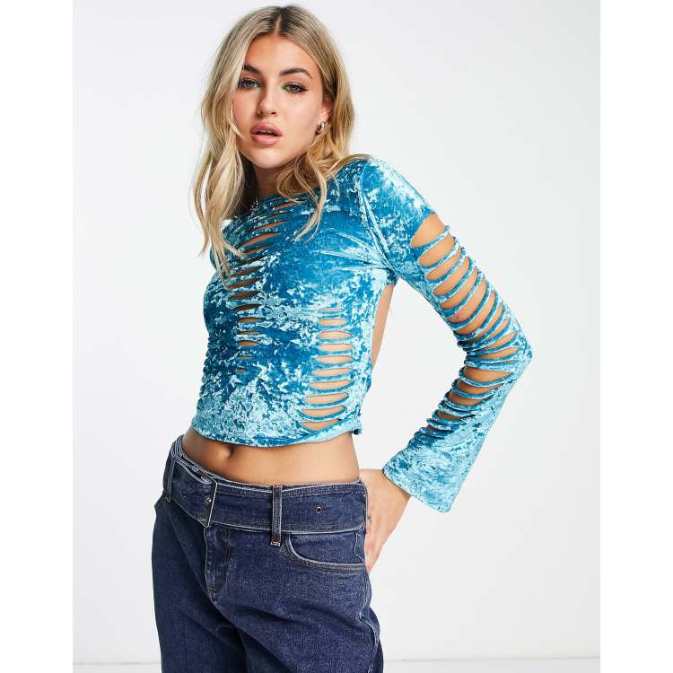 Jaded London long sleeve slash neck Y2K top with cut outs in