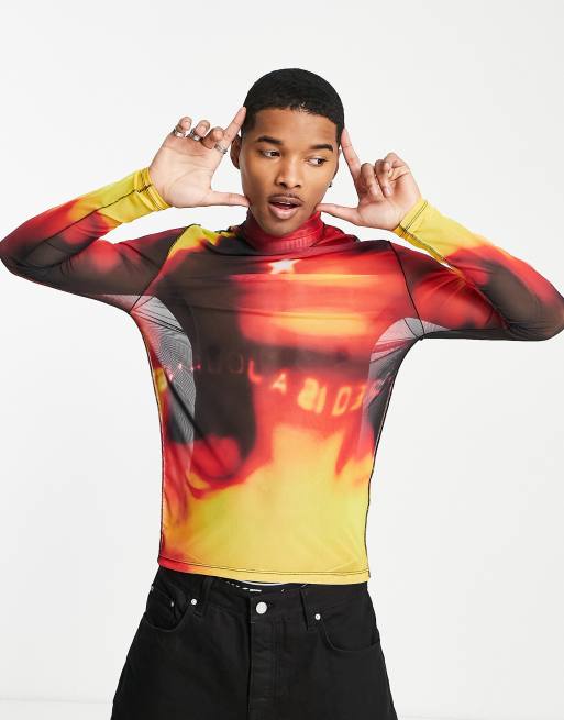 Jaded London Jaded Red And Black Space Game Long Sleeve Mesh Top for Men